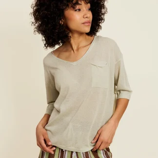 BELIOR - Pull Manches Courtes Vert avec Lurex