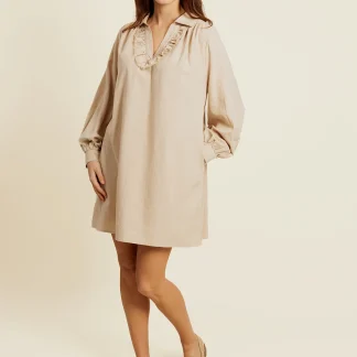 ALIZÉE - Robe courte beige unie à volants