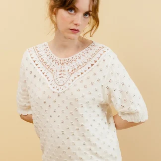 ARIZONA - Pull Écru Uni en Crochet sans Manches Femme
