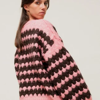 LORISIA - Gilet Oversize en Grosse Maille Bicolore Rose