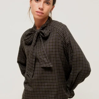GÉLIANE -  Blouse à Carreaux et Col à Nouer Kaki